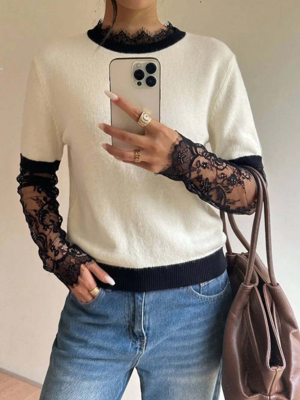 Apricot Casual Women's Contrast Lace Ruffle Drop Sleeve Round Neck Sweater